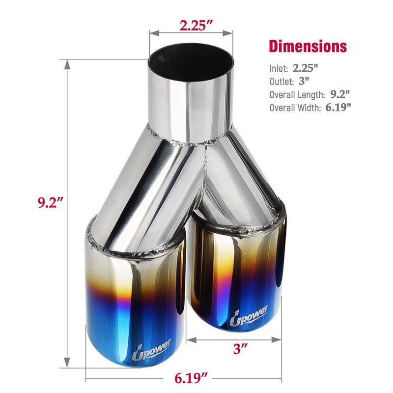 Upower Dual Exhaust Tips 2.25 inch inlet 3 inch outlet 9.2" Long Vacuum Plating Blue 304 Polished Stainless Steel Weld on Staggered Exhaust Tailpipe Tips 2.25" to 3"(Pack of 2) - Image 4